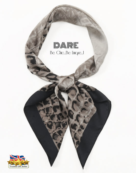Elegant Animal Print Alligator-Print Square Scarf – Black, White & Grey