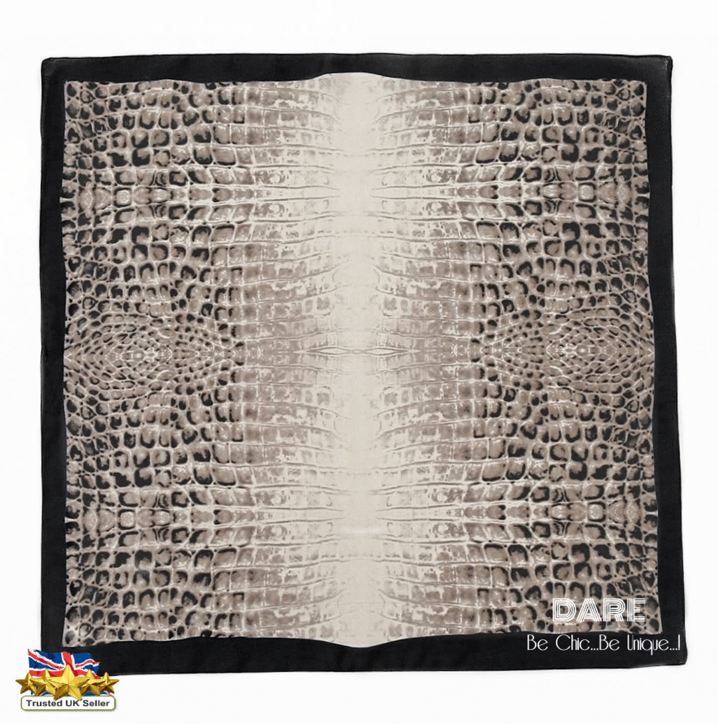 Elegant Animal Print Alligator-Print Square Scarf – Black, White & Grey