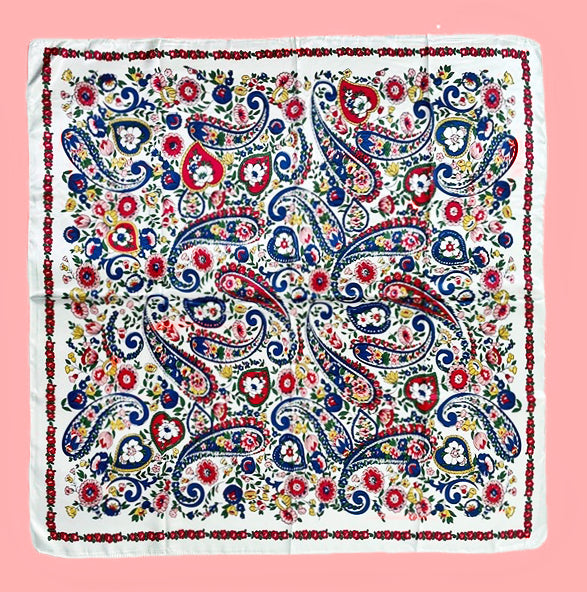 White Floral Paisley Silk-Feel Square Scarf – Elegant Vintage Print Accessory