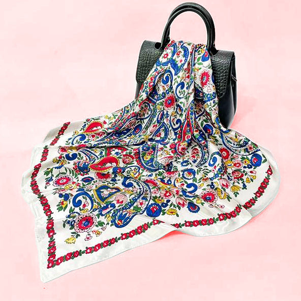 White Floral Paisley Silk-Feel Square Scarf – Elegant Vintage Print Accessory