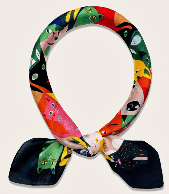 Colourful Cat-Print Satin Scarf – Cute, Fun & Stylish Accessory | Perfect Xmas Gift