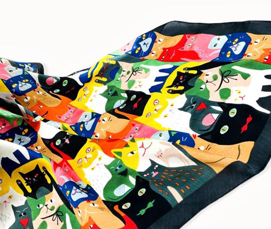 Colourful Cat-Print Satin Scarf – Cute, Fun & Stylish Accessory | Perfect Xmas Gift