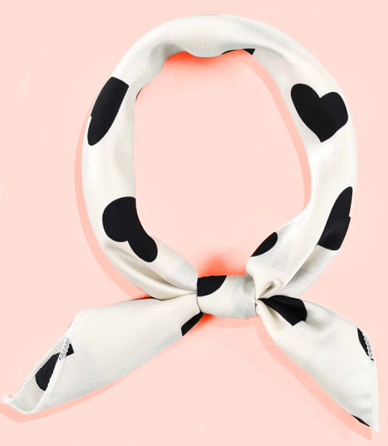 White Scarf with Black Hearts –  Square Satin Scarf | Cute Heart Print Hijab, Neck Scarf & Hair Wrap