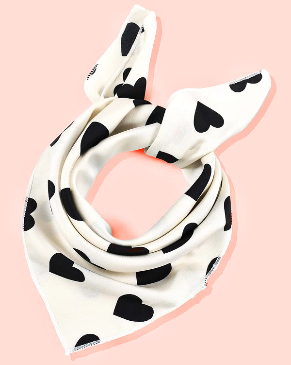 White Scarf with Black Hearts –  Square Satin Scarf | Cute Heart Print Hijab, Neck Scarf & Hair Wrap