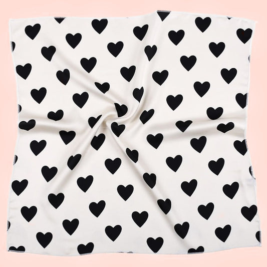 White Scarf with Black Hearts –  Square Satin Scarf | Cute Heart Print Hijab, Neck Scarf & Hair Wrap